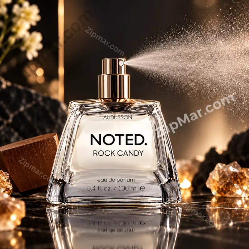 Aubusson Noted. Rock Candy Eau de Parfum 3.4 fl. oz. bottle in active mid-spray with gold metallic pump visible, surrounded by amber crystal rocks and white dried flowers against dark moody background with warm golden bokeh