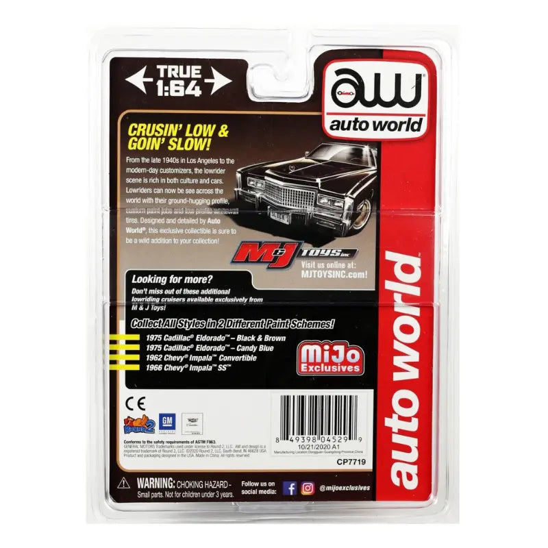 Back of Auto World packaging showing Custom Lowriders series details and MiJo Exclusives logo