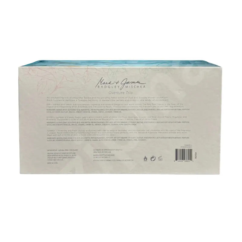 Badgley Mischka Mark and James Overture Trio Eau de Parfum gift box back panel with fragrance descriptions