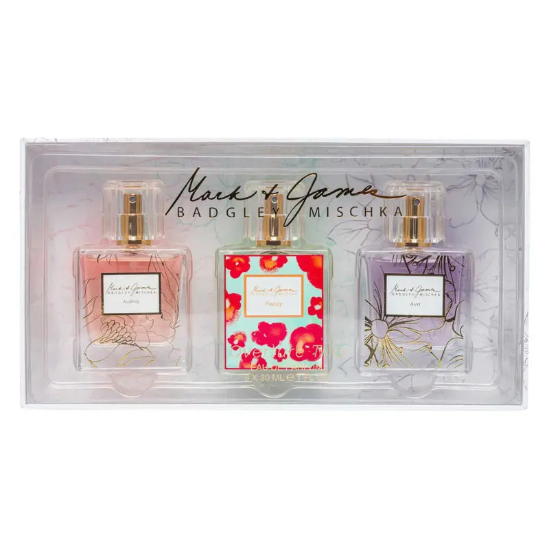 Badgley Mischka Overture Trio perfume set top view showing Audrey, Poppy and Ava 30ml bottles