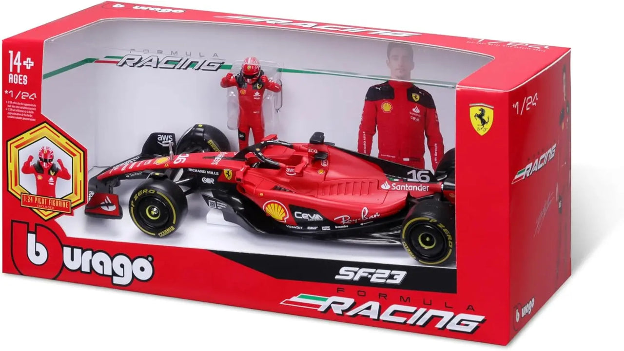 An angled perspective shot of the Bburago 1:24 Ferrari SF23 F1 diecast car and driver figurine set in its collector's box.