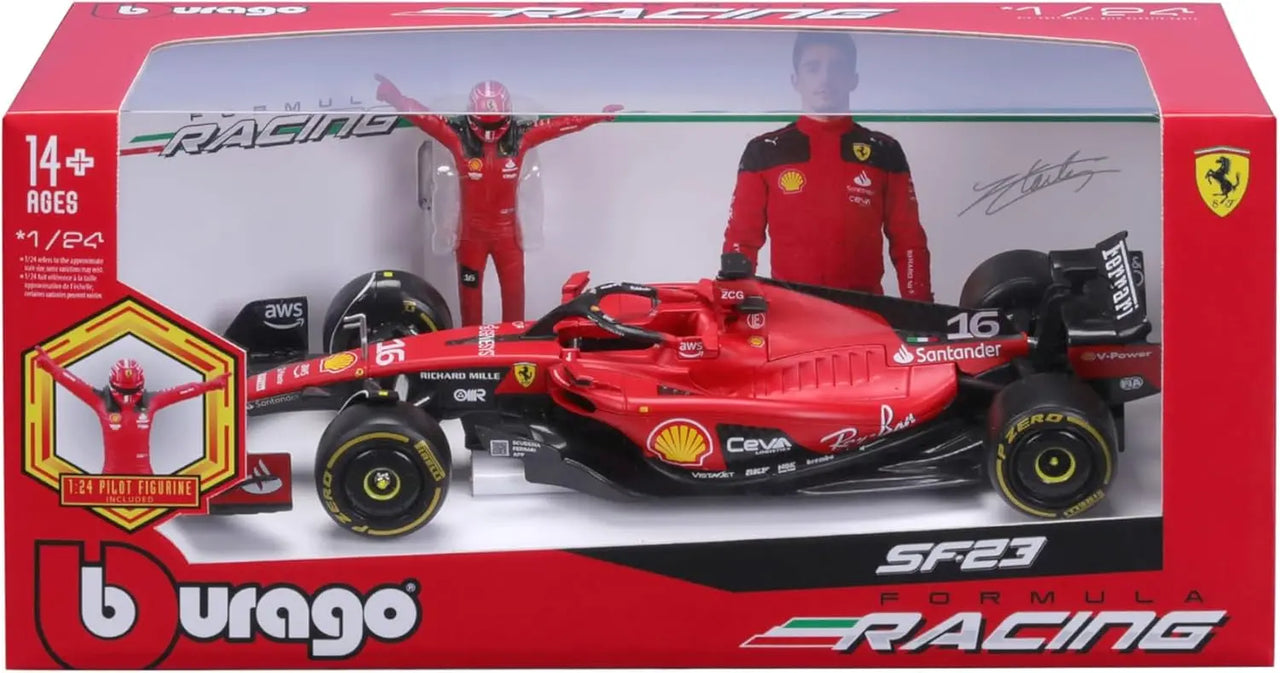 The Bburago 1:24 Ferrari SF23 F1 diecast model and figurine displayed inside its premium collector's packaging box.