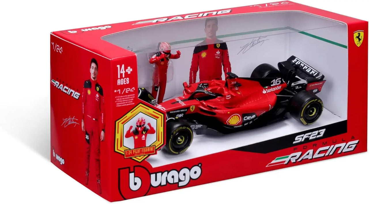 Angled side view of the Bburago 1:24 scale Ferrari SF23 diecast model and driver figurine in its display box.