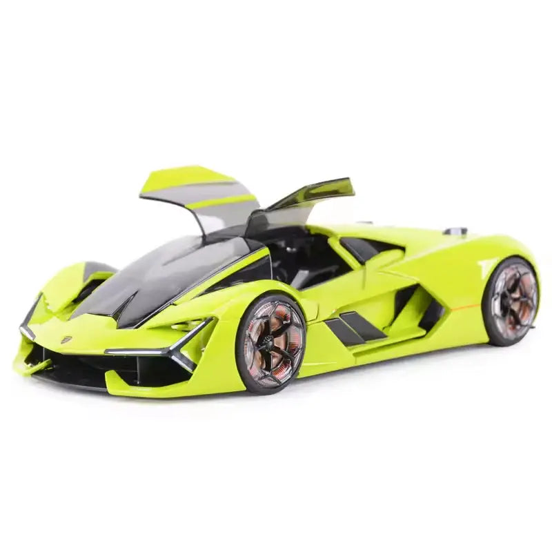 Three-quarter front view of the 1:24 Bburago Lamborghini Terzo Millennio in lime green with doors raised.