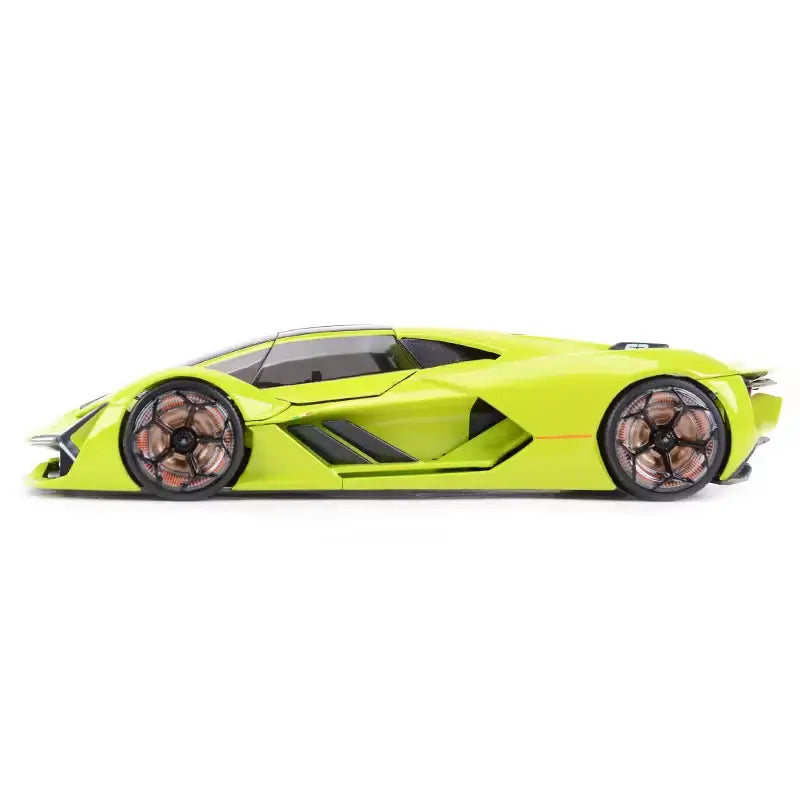 Side view of the 1:24 scale Bburago Lamborghini Terzo Millennio diecast car in lime green on a white background.