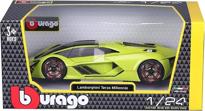 Retail packaging for the Bburago 1:24 scale Lamborghini Terzo Millennio showing the Bburago logo and 3+ ages warning.
