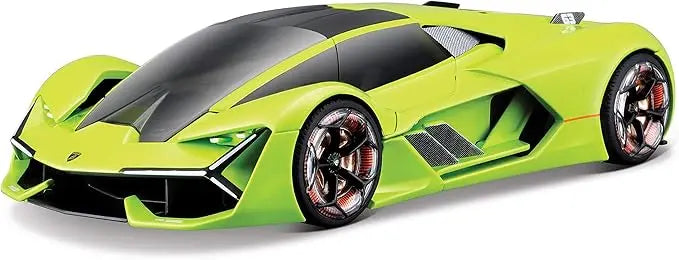 Detailed front three-quarter view studio photograph of the green Bburago Lamborghini Terzo Millennio diecast.