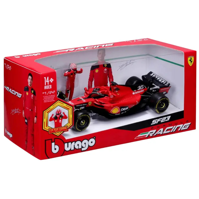 Angled view of Bburago Ferrari SF23 Formula Racing packaging with pilot figurine
