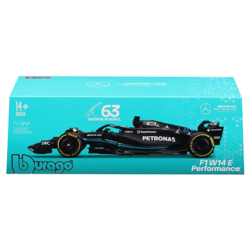 Official Bburago 1:24 scale window box packaging for the Mercedes-AMG F1 W14 E Performance.