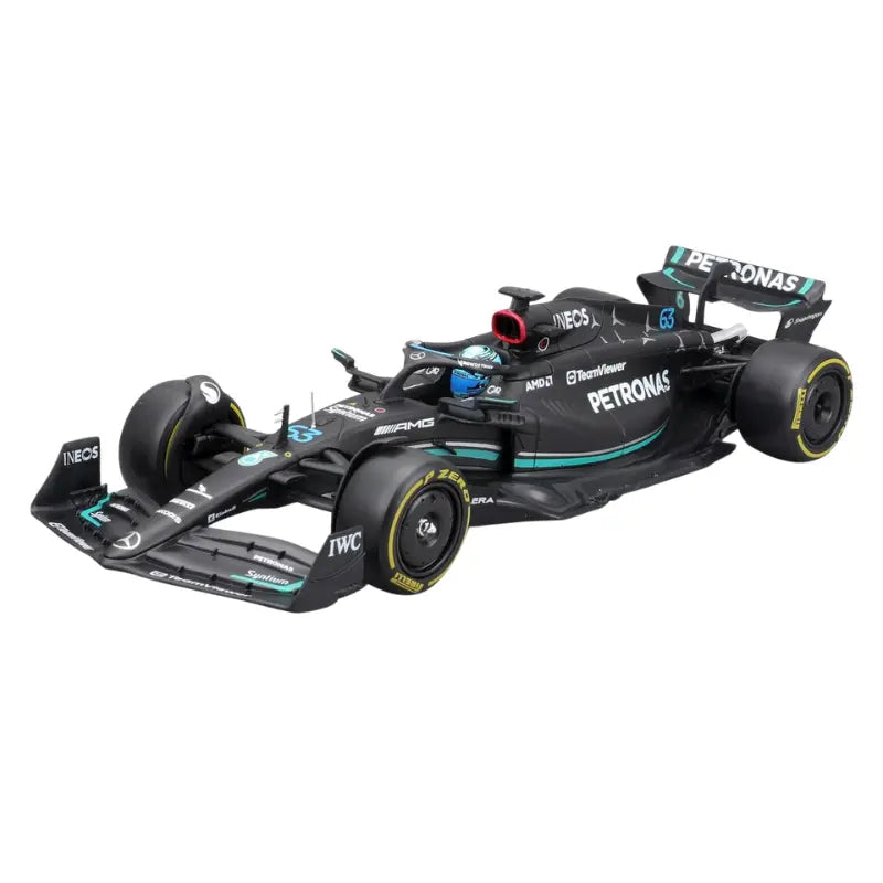 Front three-quarter view of the 1:24 scale Bburago Mercedes-AMG F1 W14 George Russell diecast car.