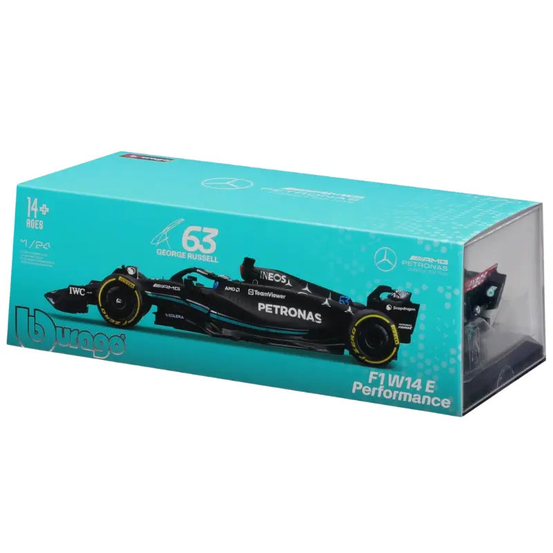 Side view of the premium packaging for the George Russell No. 63 Mercedes F1 diecast model.