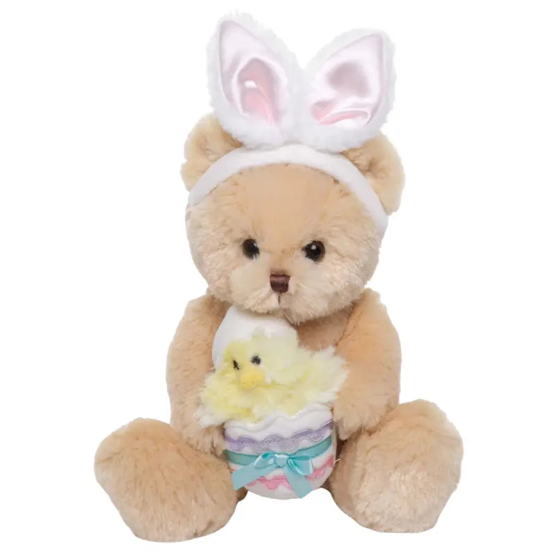 Bearington Beary Eggstra 9 inch teddy bear with bunny ears holding Easter egg chick