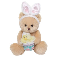 Thumbnail for Bearington Beary Eggstra 9 inch teddy bear with bunny ears holding Easter egg chick