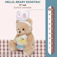Thumbnail for Bearington Beary Eggstra 9 inch teddy bear with bunny ears and chick size reference
