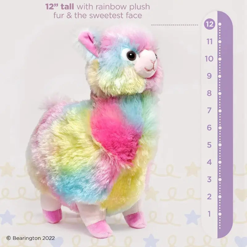 Bearington 12 inch tall rainbow llama plush with sweet face close up