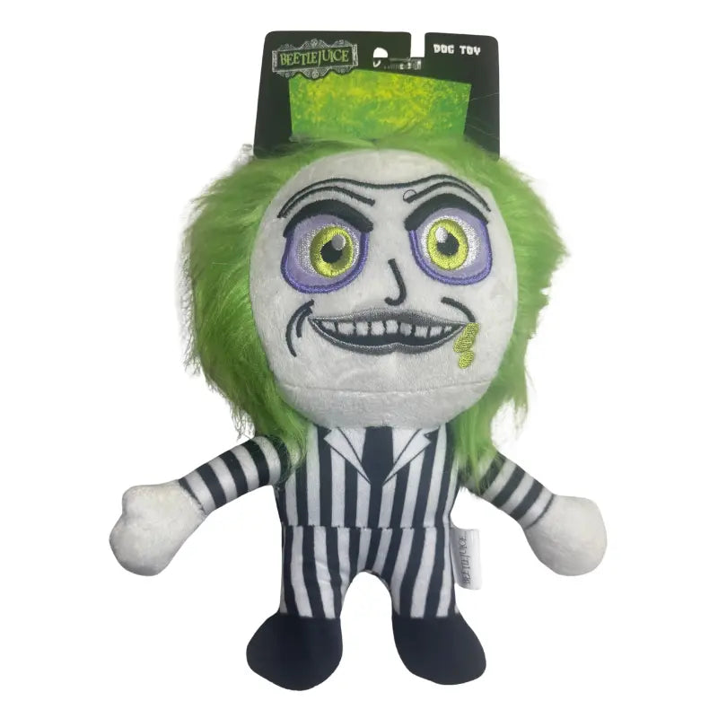 Beetlejuice officially licensed dog toy plush front with hang tag reading Beetlejuice Dog Toy green hair stripe suit