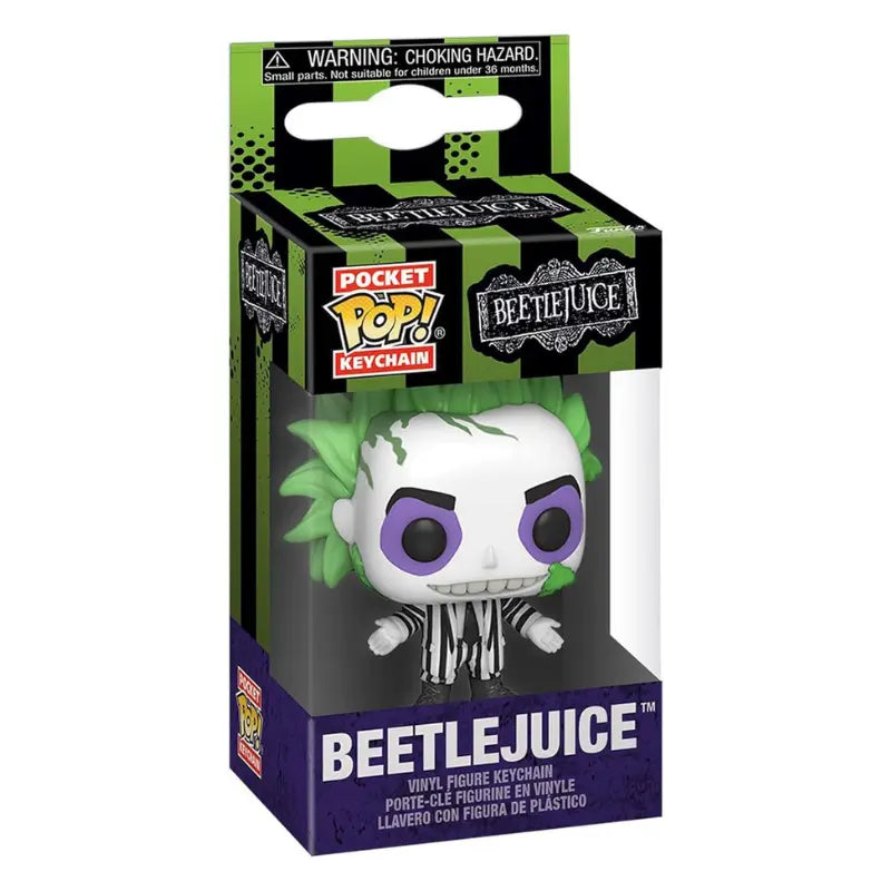 Beetlejuice Funko Pocket Pop Keychain in its original green and black striped window box packaging.