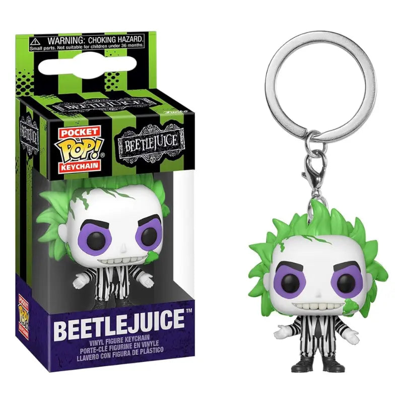 Both the packaged and loose Beetlejuice Funko keychain showing product details.