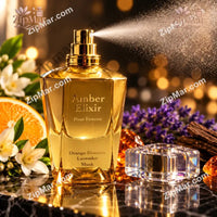 Thumbnail for Bellevue Parfums Amber Elixir Pour Femme Eau de Parfum bottle with spray mist spraying and crystal cap removed