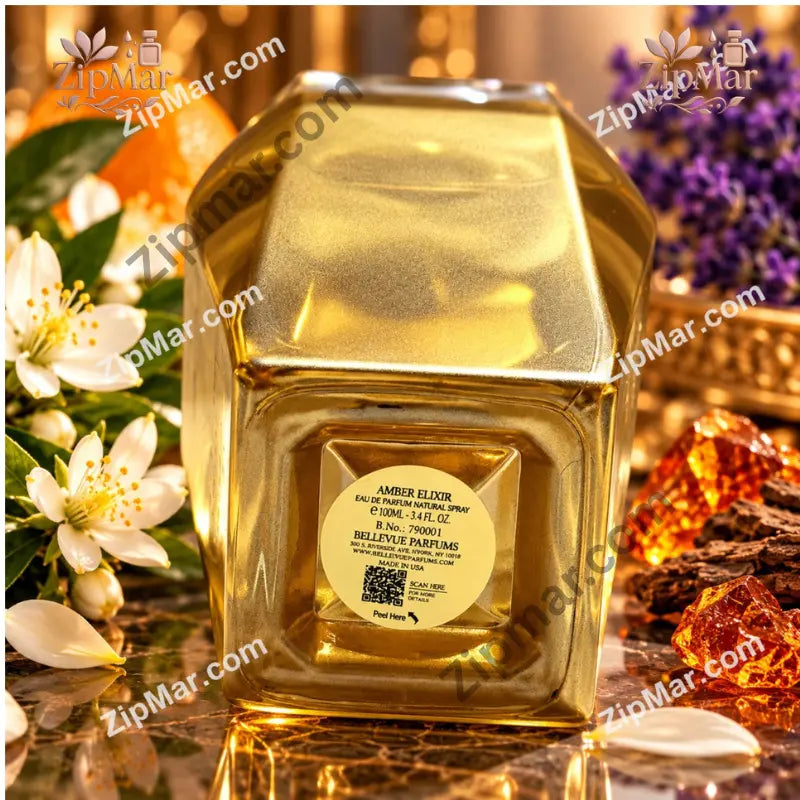 Bottom view of Bellevue Parfums Amber Elixir Pour Femme 100 mL bottle showing batch number 790001 and Made in USA label