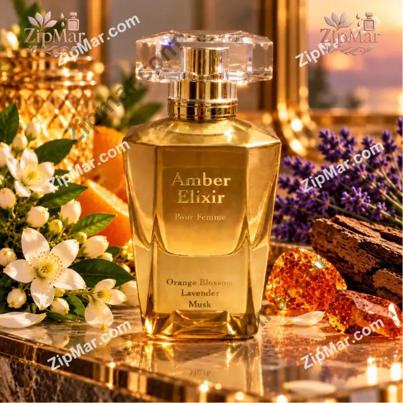 Front view of Bellevue Parfums Amber Elixir Pour Femme bottle highlighting Orange Blossom, Lavender, and Musk notes