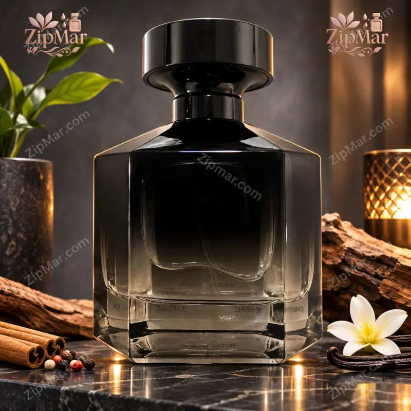 Spicy Musk Pour Homme Eau de Parfum black gradient glass bottle with black cap beside cinnamon and vanilla