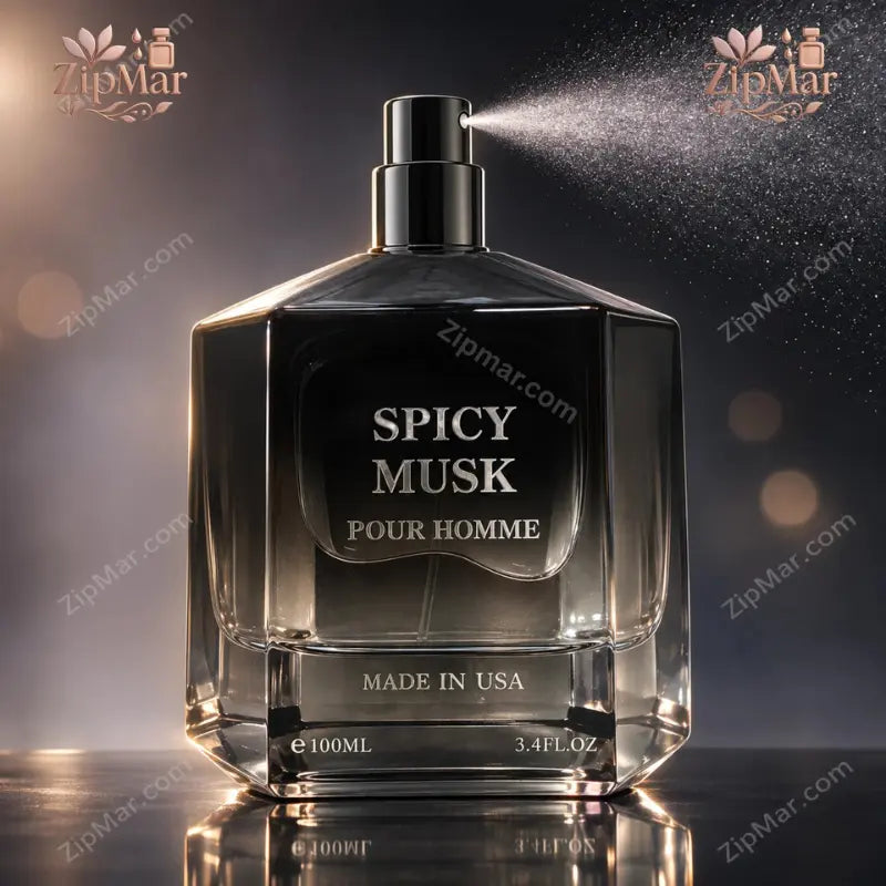 Spicy Musk Pour Homme Eau de Parfum 100 mL bottle with spray pump misting