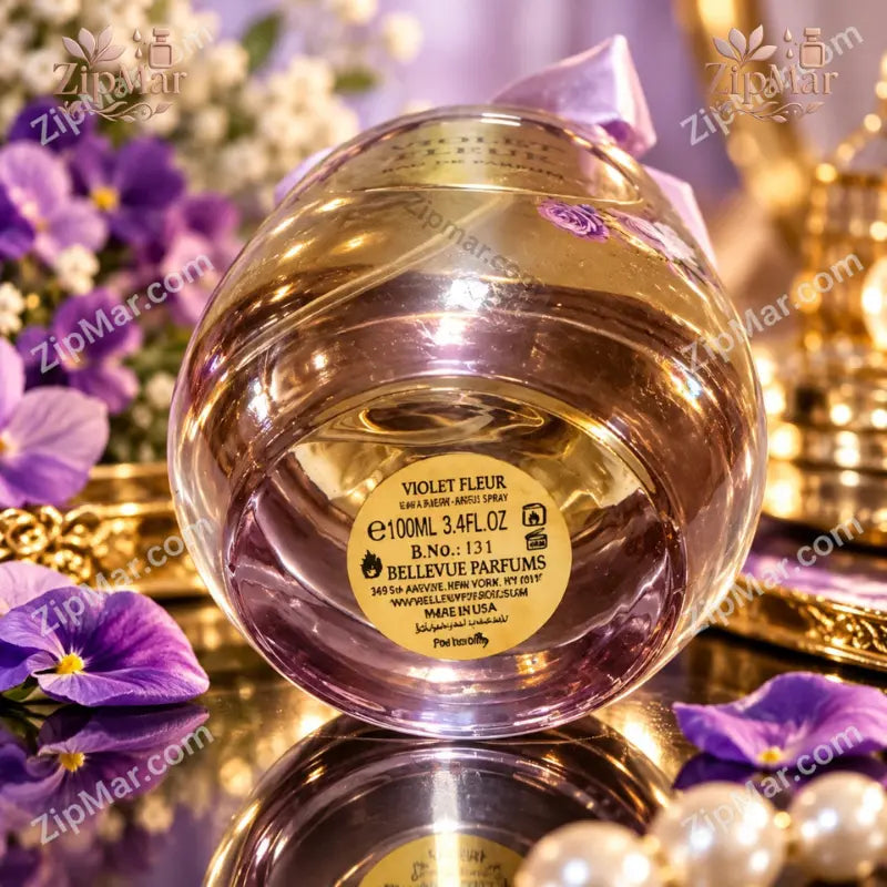 Base sticker of Bellevue Parfums Violet Fleur Eau de Parfum 100ml 3.4 fl oz with Made in USA and batch number