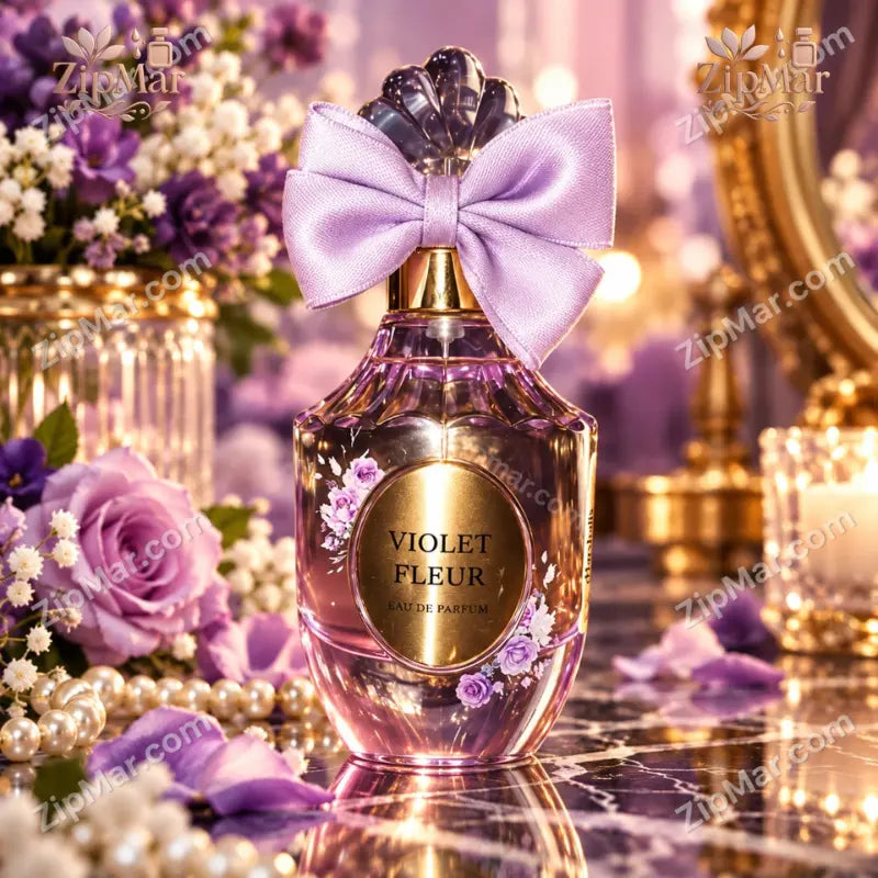 Violet Fleur Eau de Parfum 100ml bottle with a lilac bow, gold oval label and floral artwork