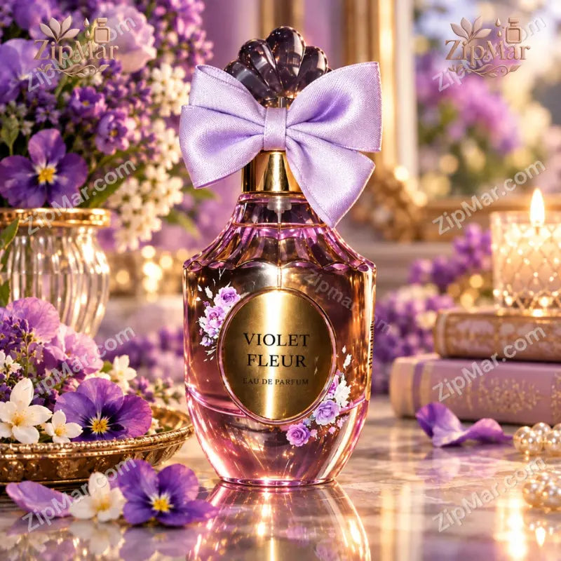 Violet Fleur Eau de Parfum bottle close up with the gold oval label and pink toned glass