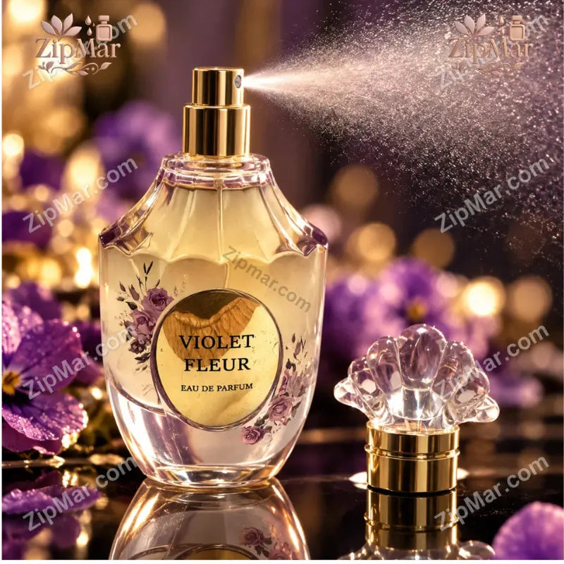 Violet Fleur Eau de Parfum bottle spraying a fine mist next to the scalloped cap