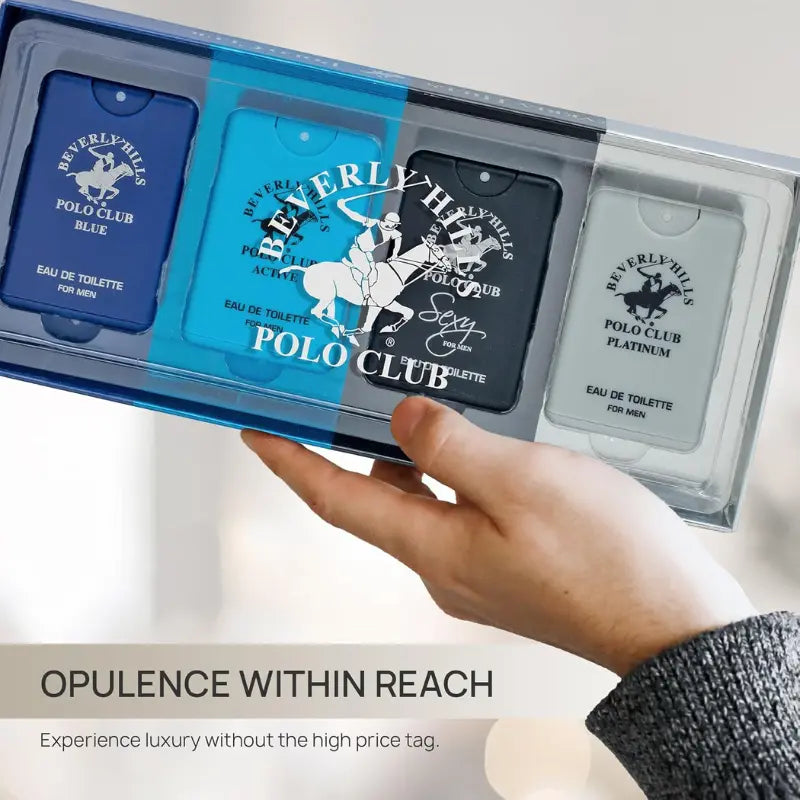 Top-down product photography of the complete Beverly Hills Polo Club 4-piece mini Eau de Toilette set for men presented inside its retail display box.