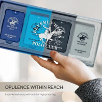 Thumbnail for Top-down product photography of the complete Beverly Hills Polo Club 4-piece mini Eau de Toilette set for men presented inside its retail display box.