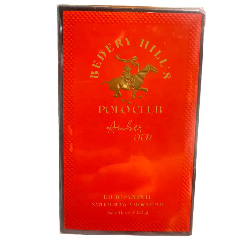 Beverly Hill's Polo Club Amber Oud Eau de Parfum 3.4 fl oz box featuring red design with gold horse rider logo