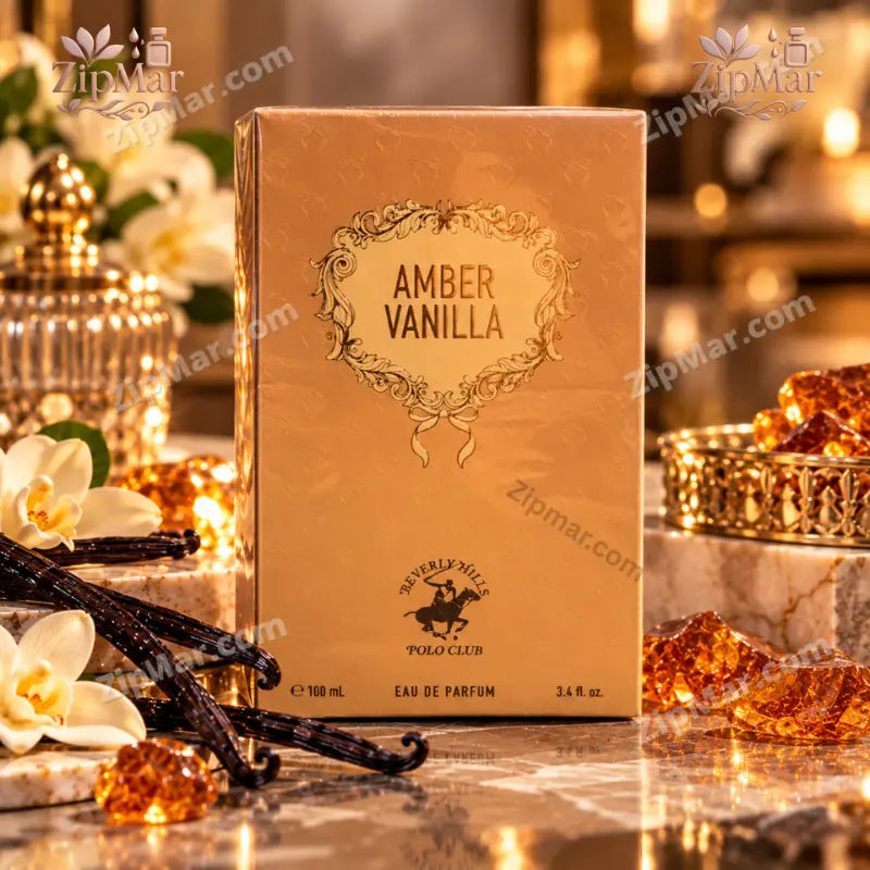Beverly Hills Polo Club Amber Vanilla Eau de Parfum gold packaging box set on marble with amber crystals