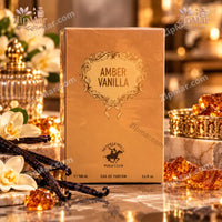 Thumbnail for Beverly Hills Polo Club Amber Vanilla Eau de Parfum gold packaging box set on marble with amber crystals