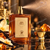Thumbnail for Beverly Hills Polo Club Amber Vanilla Eau de Parfum bottle spraying fine mist with cap removed   