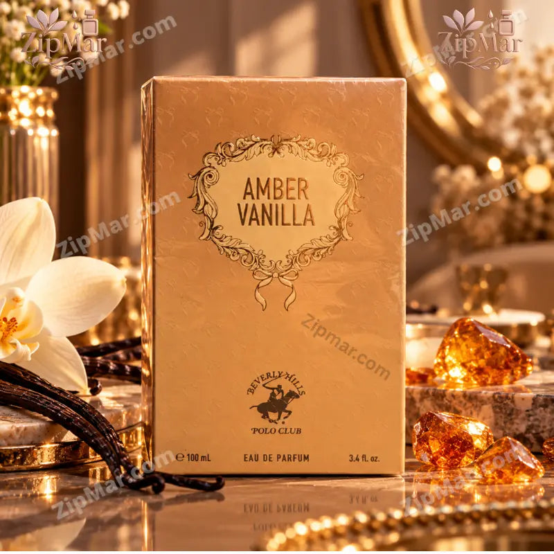 Front view of Beverly Hills Polo Club Amber Vanilla Eau de Parfum 100 mL gold retail box