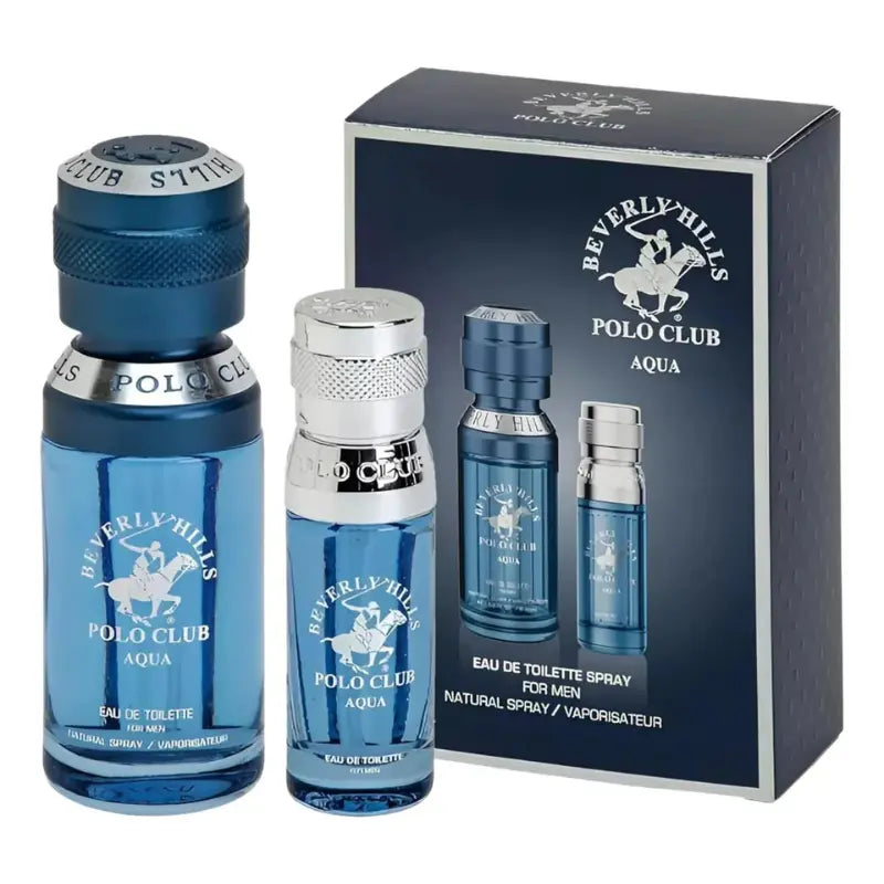 Beverly Hills Polo Club Aqua Eau de Toilette gift set for men featuring 1.7oz and 0.5oz bottles on a reflective surface.