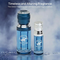 Thumbnail for Full view of the dark blue Beverly Hills Polo Club Aqua gift box with the 1.7oz and 0.5oz Eau de Toilette bottles standing in front.