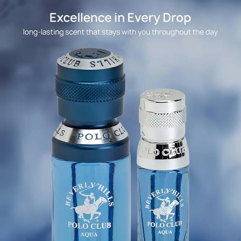 Beverly Hills Polo Club Aqua Eau de Toilette bottles for men presented on a textured blue surface with water ripple effects, emphasizing its fresh, aquatic profile.