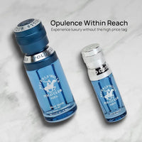 Thumbnail for A close-up of a stylish bearded man in a plaid blazer standing next to the Beverly Hills Polo Club Aqua fragrance set.