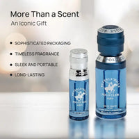 Thumbnail for A man in a sophisticated grey suit holding the Beverly Hills Polo Club Aqua EDT gift set box, highlighting its elegant packaging.