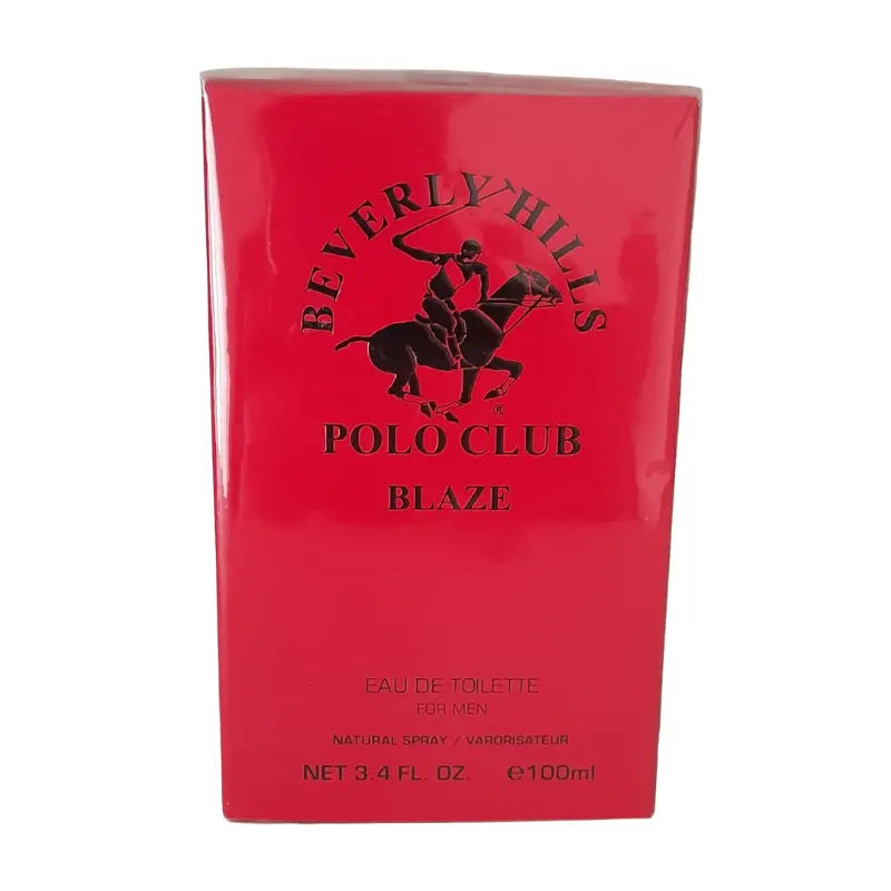 Front view of Beverly Hills Polo Club Blaze Eau de Toilette 3.4 oz men's fragrance box in vibrant red.