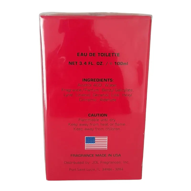 Back of Beverly Hills Polo Club Blaze red box showing ingredients and Made in USA flag.