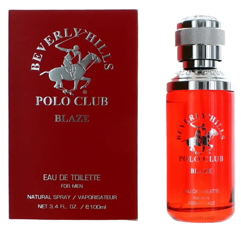 Beverly Hills Polo Club Blaze 100ml Eau de Toilette bottle standing next to its matching red gift box.