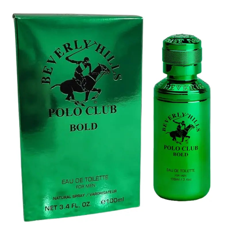 Beverly Hills Polo Club Bold Eau de Toilette 3.4 oz Men’s Cologne box and metallic green bottle with unique cap, showing the brand and fragrance details.