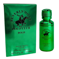 Thumbnail for Beverly Hills Polo Club Bold Eau de Toilette 3.4 oz Men’s Cologne box and metallic green bottle with unique cap, showing the brand and fragrance details.