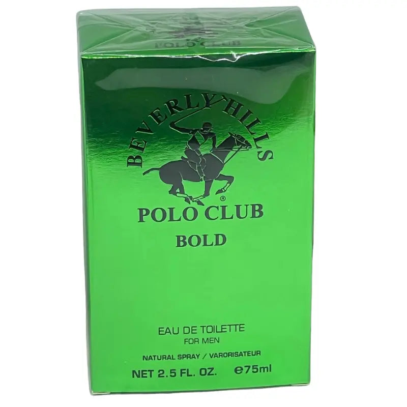 Beverly Hills Polo Club Bold Eau de Toilette 3.4 oz Men’s Cologne in its green metallic box, showing the top details and text.