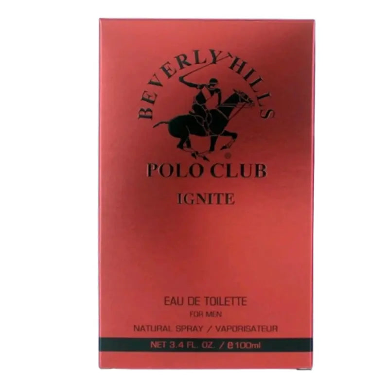Front view of the sophisticated red packaging for Beverly Hills Polo Club Ignite Eau de Toilette men’s fragrance.